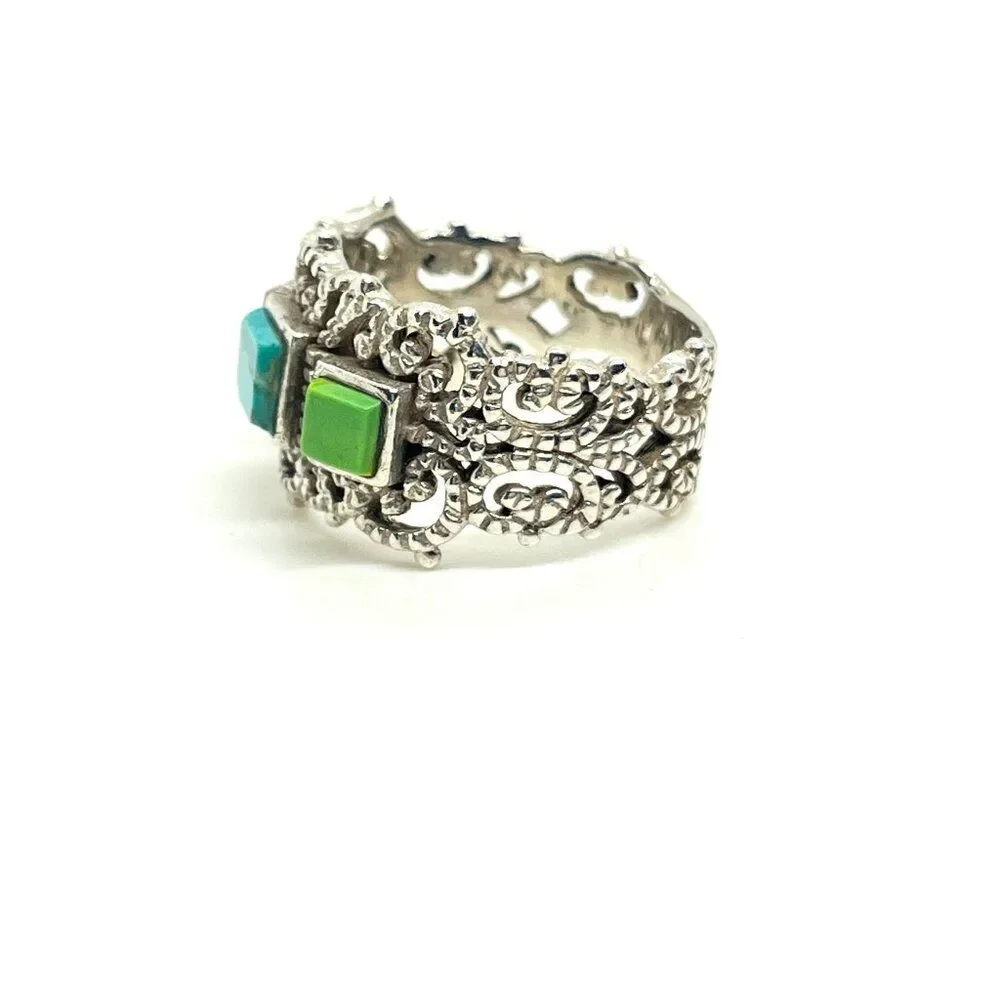 STERLING SILVER RING Multi Stone Inlay Wide Band Statement Boho Sz 8